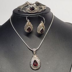 Vintage Silver And 18k Gold Garnet Set