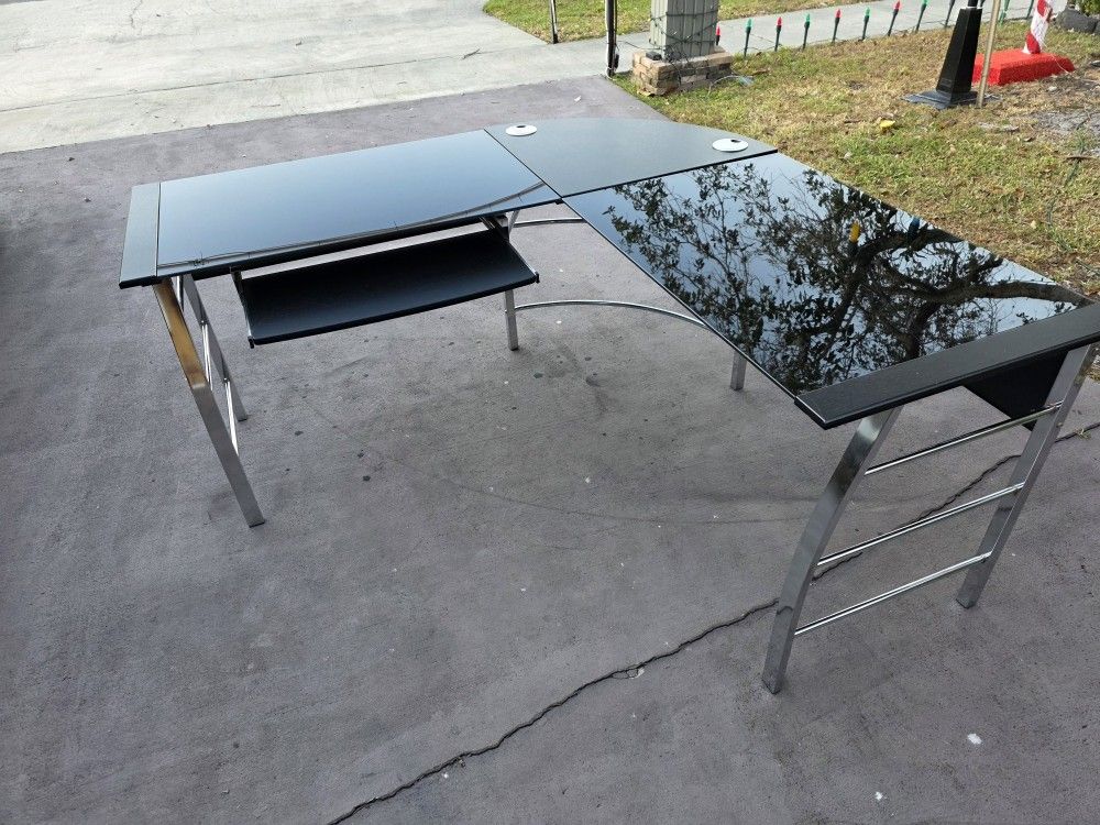  L-Shaped black tempered glass desk with metal frame read description for details LIKE NEW 