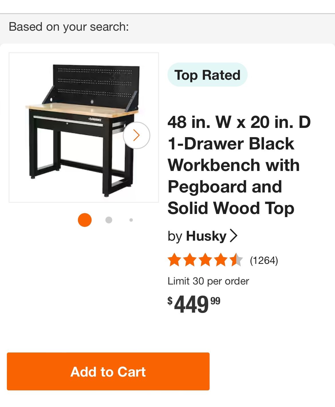 48 in. W x 20 in. D 1-Drawer Black Workbench with Pegboard and Solid Wood Top
