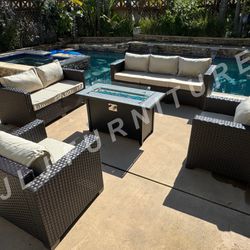 NEW🔥 Outdoor Patio Furniture Set Brown Wicker Beige 4” Cushions 45" Firepit ASSEMBLED