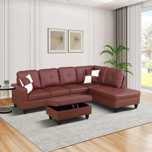 Red Leather Sectional Couch Set With Ottoman