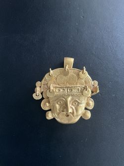 Gold Tone Aztec Mask Looking Pendant With Small Dangle Discs 