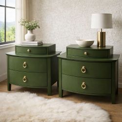 Pinetop Jewel Nightstands – Curved Olive Statement Pair with Gilded Hardwa