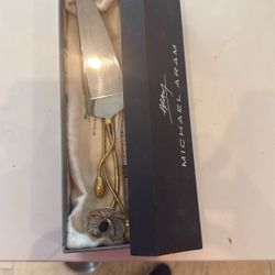 Orchid Wedding Cake Knife. Golden Brass . 