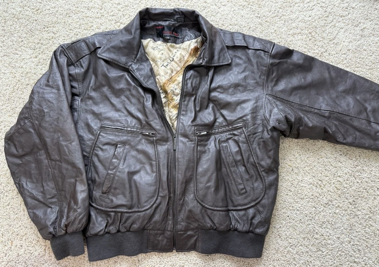 Phase 2 Vintage Leather Bomber Jacket Men XL Removable Liner Zipper Black