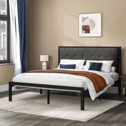 Allewie Queen Size Metal Platform Bed Frame with Linen Fabric Button Tufted Headboard, Under-Bed Storage, Grey