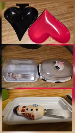 Heart Bowls, Butter Dishes, and Snowman Knife Set