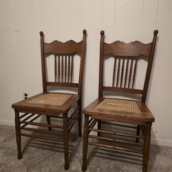 Chairs Dining Room Chair Set Antique Vintage Brown 2 Chairs Engraved American Red Wood Press-Back Tiger Oak Spindle Back Chairs Cane Seats