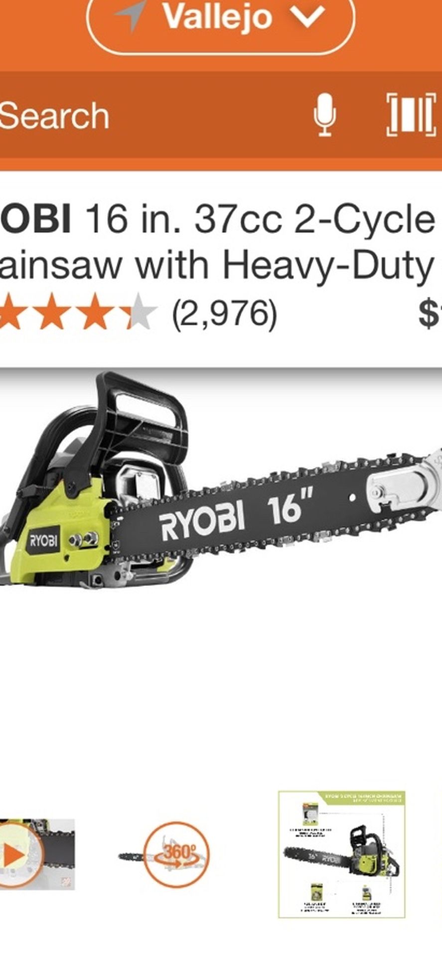 RYOBI 16 INCHES CHAINSAW 37 CC GAS BRAND NEW