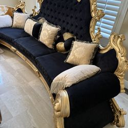 Black Velvet Couch with Gold Leaf Wood