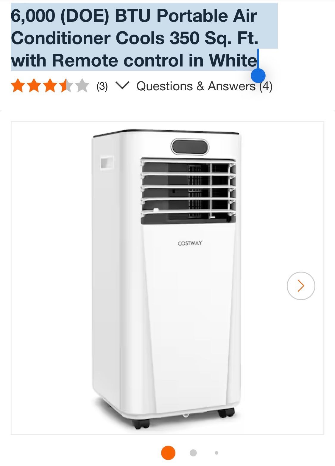 Costway 6,000 (DOE) BTU Portable Air Conditioner Cools 350 Sq. Ft. with Remote control in White
