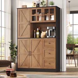 Farmhouse Pantry Cabinet With Microwave Stand & Adjustable Shelf,