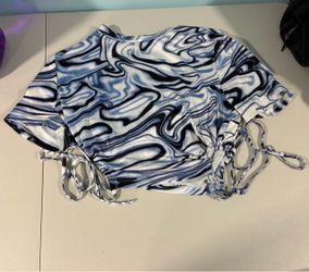 Blue Marble Print Crop Top with Tie Sides
