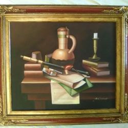 Vintage Original Oil Painting Still Life Desk Books Pipe Candle Vase / A. Warner