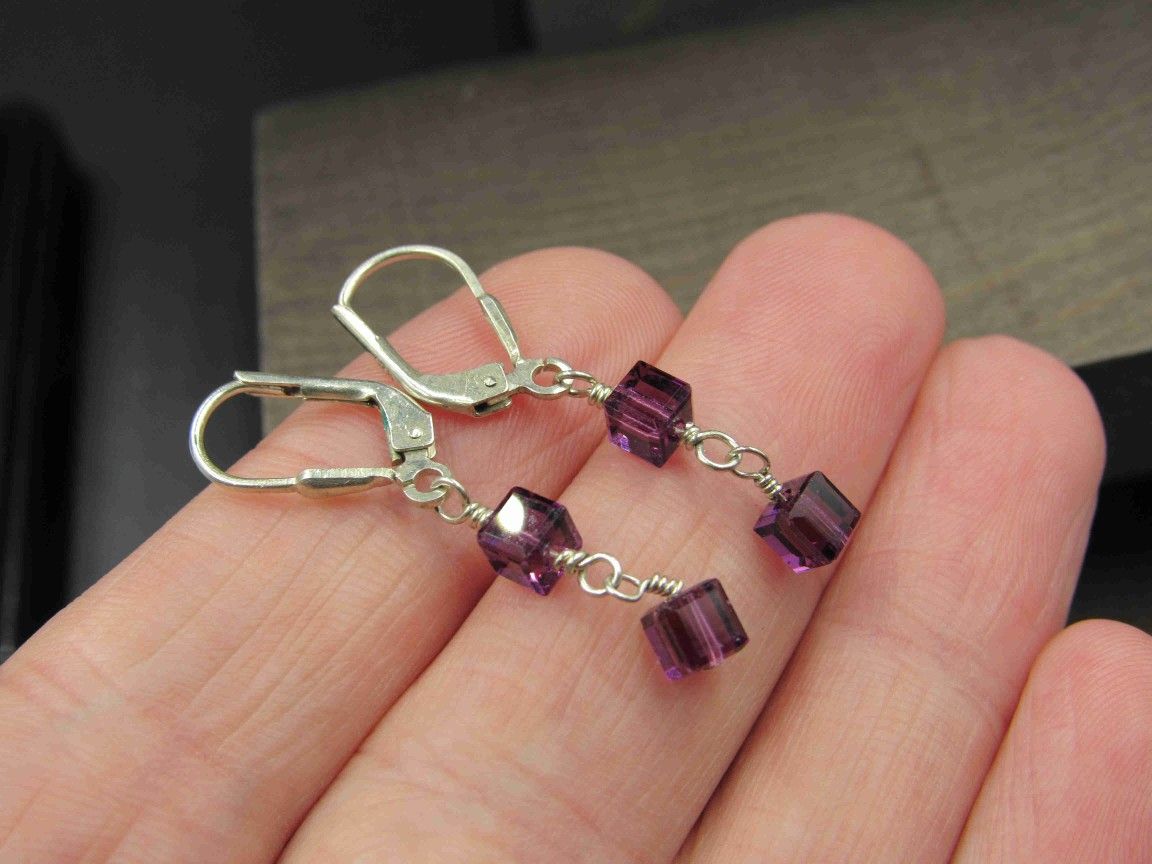Sterling Silver Purple Box Crystal Earrings Vintage Wedding Engagement Anniversary Beautiful Everyday Minimalist Cute Sexy