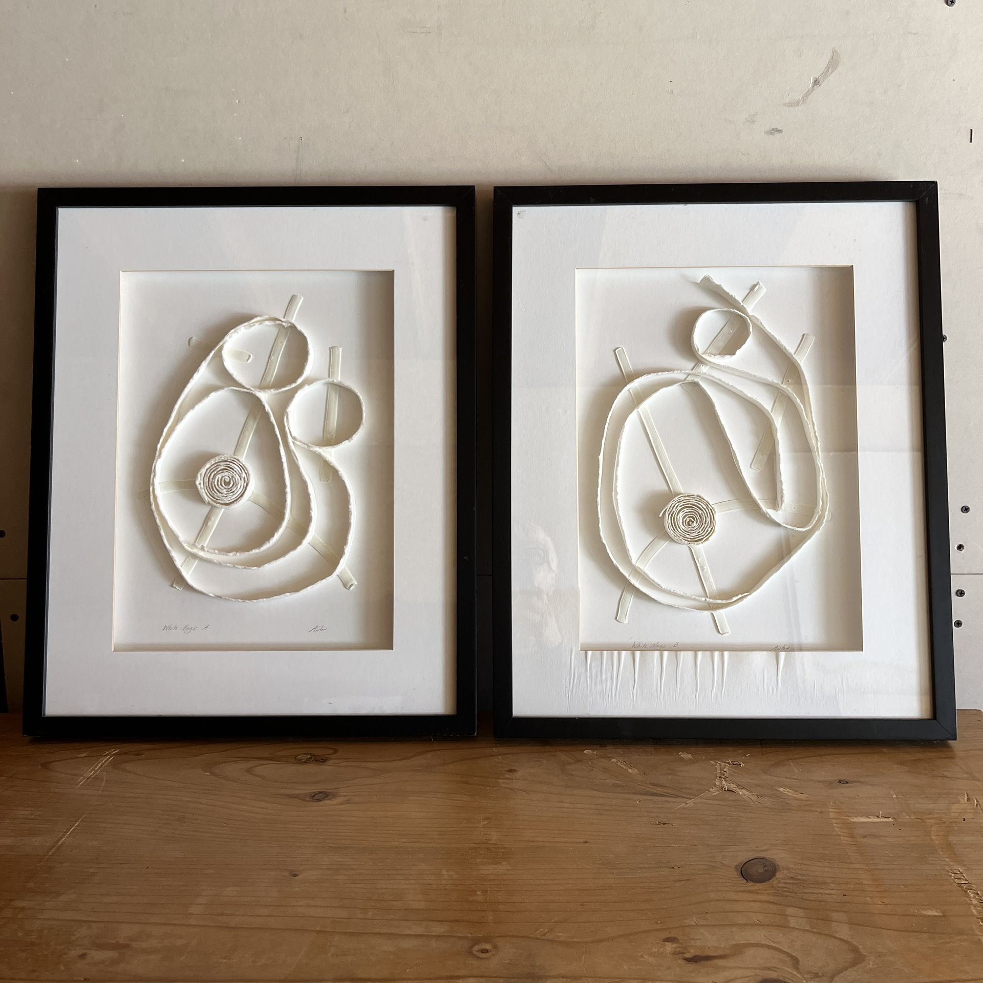 2 x Framed Mixed Media 3D Art Signed Anton Titled White Magic A and B
