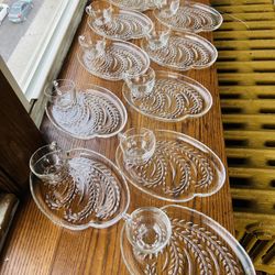 Antique Federal Glass Homestead Wheat Design Sandwich, dessert plates with cups set of 10