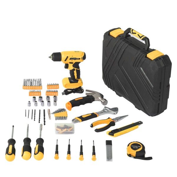 146-Piece Drill Set with 8V Yellow Cordless Drill