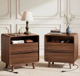 Mid-Century Walnut Nightstand Set of 2
