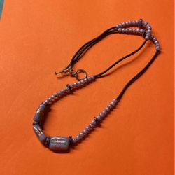 Necklace, Hand Made, 22”, Purple stone Beads With Leather, Wood And Stainless Steal 