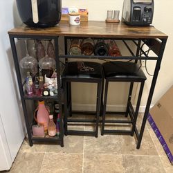 Rustic Bar Table Set With Power Outlet, Wine Rack & 2 Stools