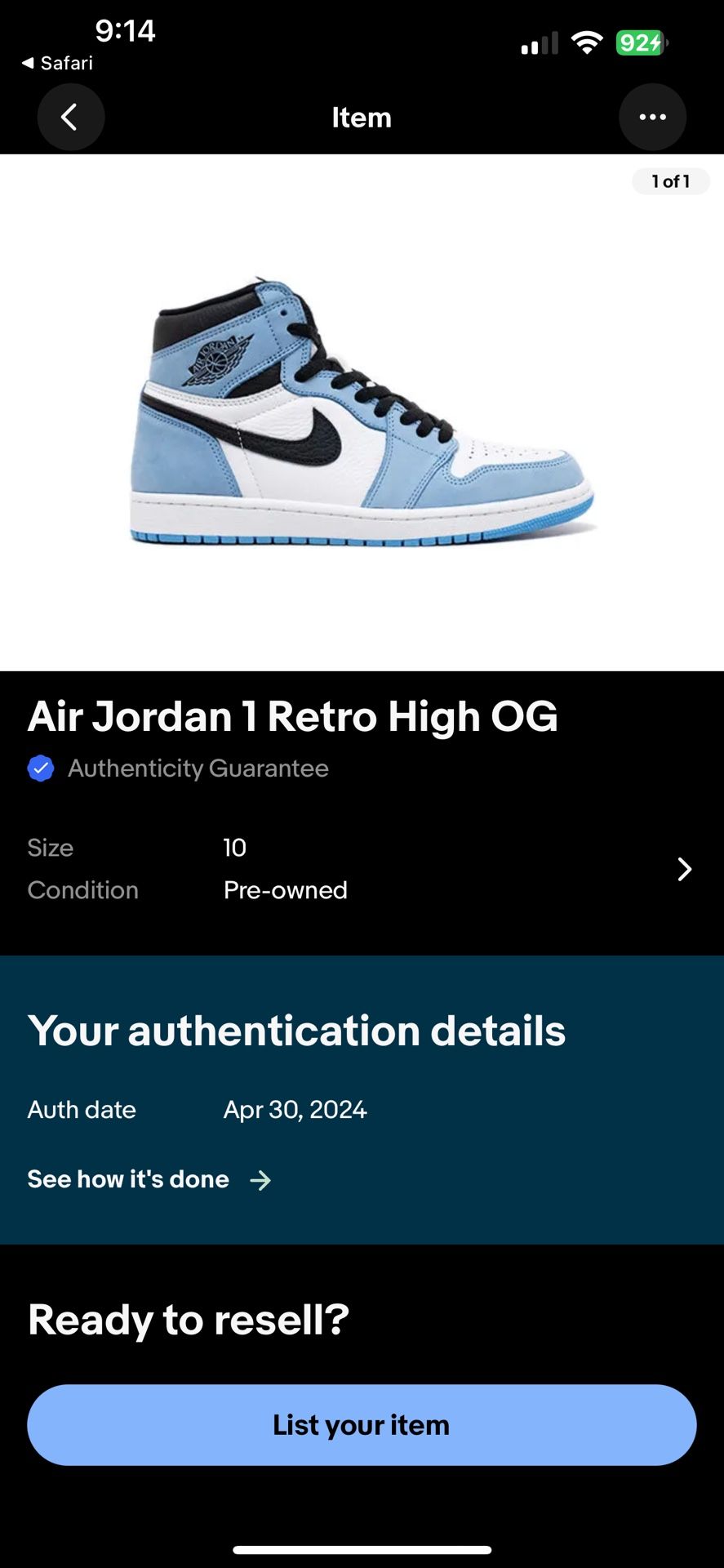 Jordan High University Blue Size 10M (Very Lightly Worn)