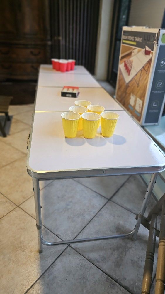 8-Foot Dry Erase Beer Pong Table w/ 12 New Balls – Portable & Height Adjustable