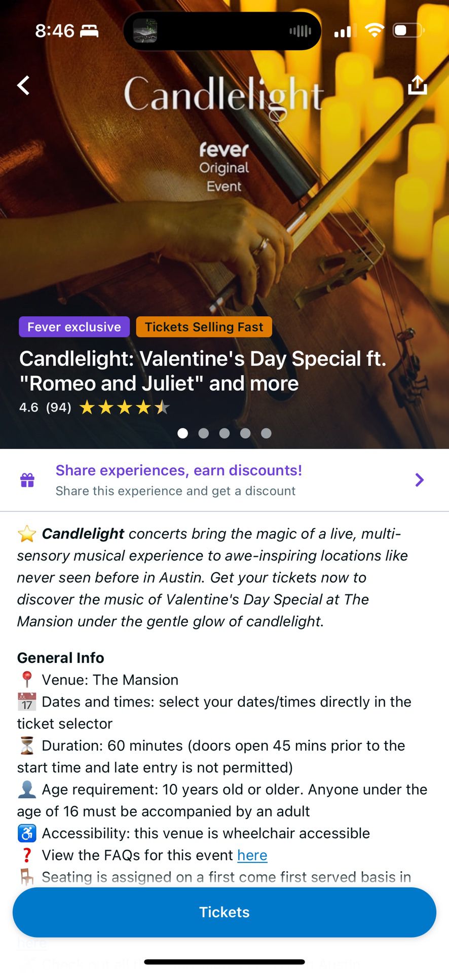 One Ticket Available Zone C Candlelight Concert 02/09/2024 6:45pm Romeo And Juliet Valentine’s Day Special At The Mansion