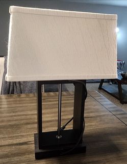 Modern Open Frame Table Lamp Set of 2 – Dark Wood, White Shade, Like New