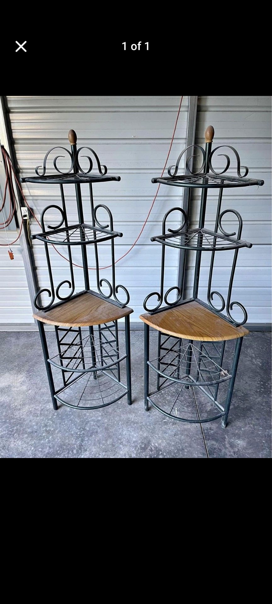 Vintage French Country Style Green Lacquer & Brass Bakers Rack Etagere Shelf x2