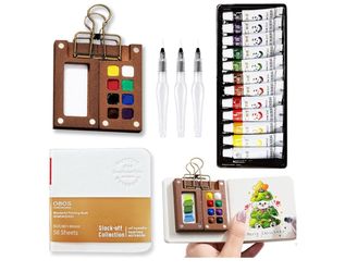 Mini Watercolor Paint Set Portable, Travel Grid Paint Palette Box with Binder Clips Include 12 Colors Paint, Brush*3 and Picture Album Art Materials C