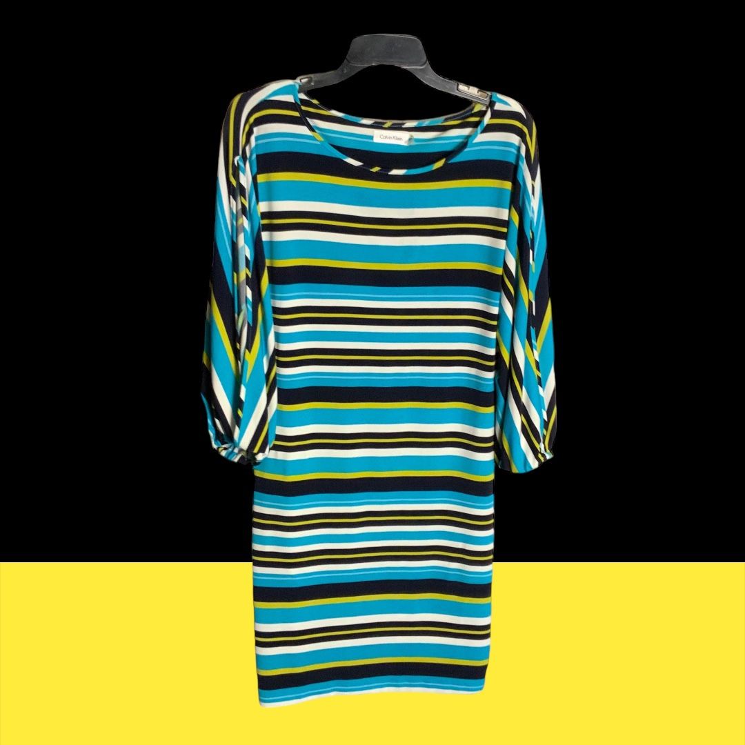 Calvin Klein Blue, Yellow, Black, White Striped Dress w 3/4 Split Sleeves Wm 4