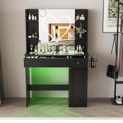   Vanity Black Desk with Mirror and Lights Heart Strip, RGB Led, Glass Top Bedroom Dresser with Rechargeable Outlet （Fcc） with Stool 