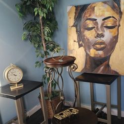 FOR SALE: Earth Tone Furnishings
 (Side Tables, Stool, Rug, Faux Tree, Canvas Art & Decor)