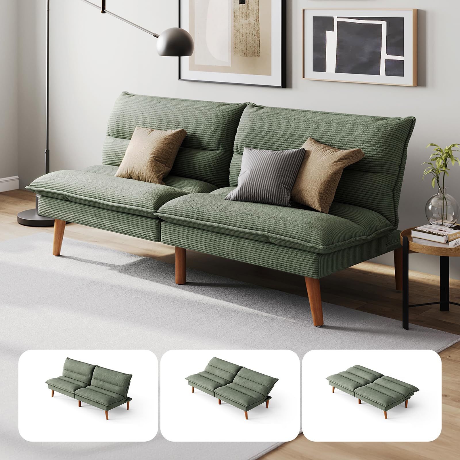 Futon Sofa Bed - Convertible Corduroy Futon Couch Bed with Adjustable Backrest