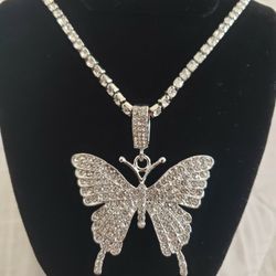 Silver Butterfly Pendant With Rhinestones..19in Long Chain And Alloy Material 