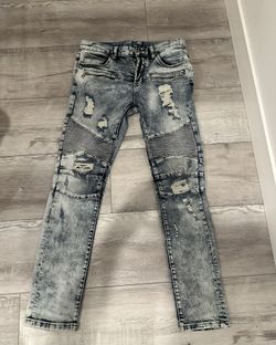 Dope Mens Slim Jeans Blue Distressed Wash Denim Button Size 31