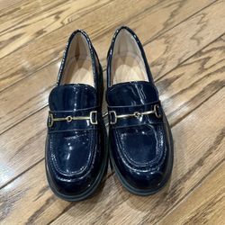 Girls Navy Patent Leather Platform Loafers Slip On Size 1