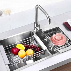 1pc Retractable Sink Rack, Drainage Rack, Stainless Steel Kitchen Basket, Household Dish Rack, Expandable Sink Rack, Suitable For Rectangular Sink