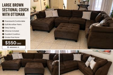 Large Brown Microfiber Sectional Couch with Ottoman – Excellent Condition
