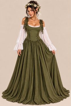Renaissance elf Cottagecore Dress Set with Flower Crown and ears