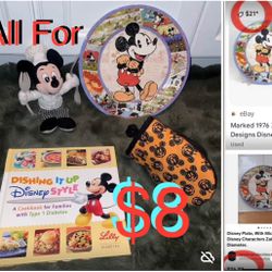 $8 For All Disney Mickey Mouse Plate,Cooking book,Plushie etc