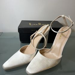Glundy White Satin Ankle Strap Pointed-Toe Pumps (Size 8 Women’s)