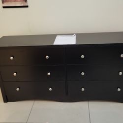 New  6 Drawer Dresser for Bedroom, Wood Dresser Wide Storage Organizer for Living Room Hallway Closets (Dark Black)