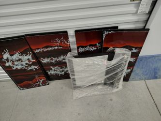 Set of 4 Red Black Lacquer Wall Panels Galloping Horses Sunset Scene