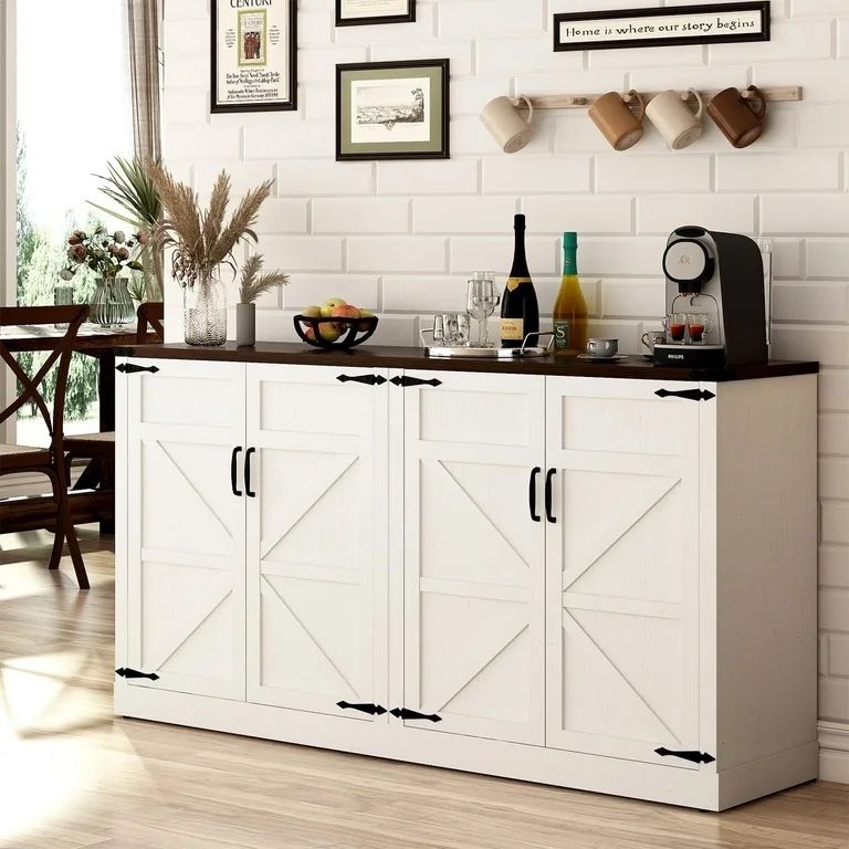 ChVans 65" Large Farmhouse Coffee Bar Cabinet with 4 Barn Doors, 34"H Wood Kitchen Pantry Cabinet W/4 Adjustable Shelves, Buffet Storage Cabinet for K