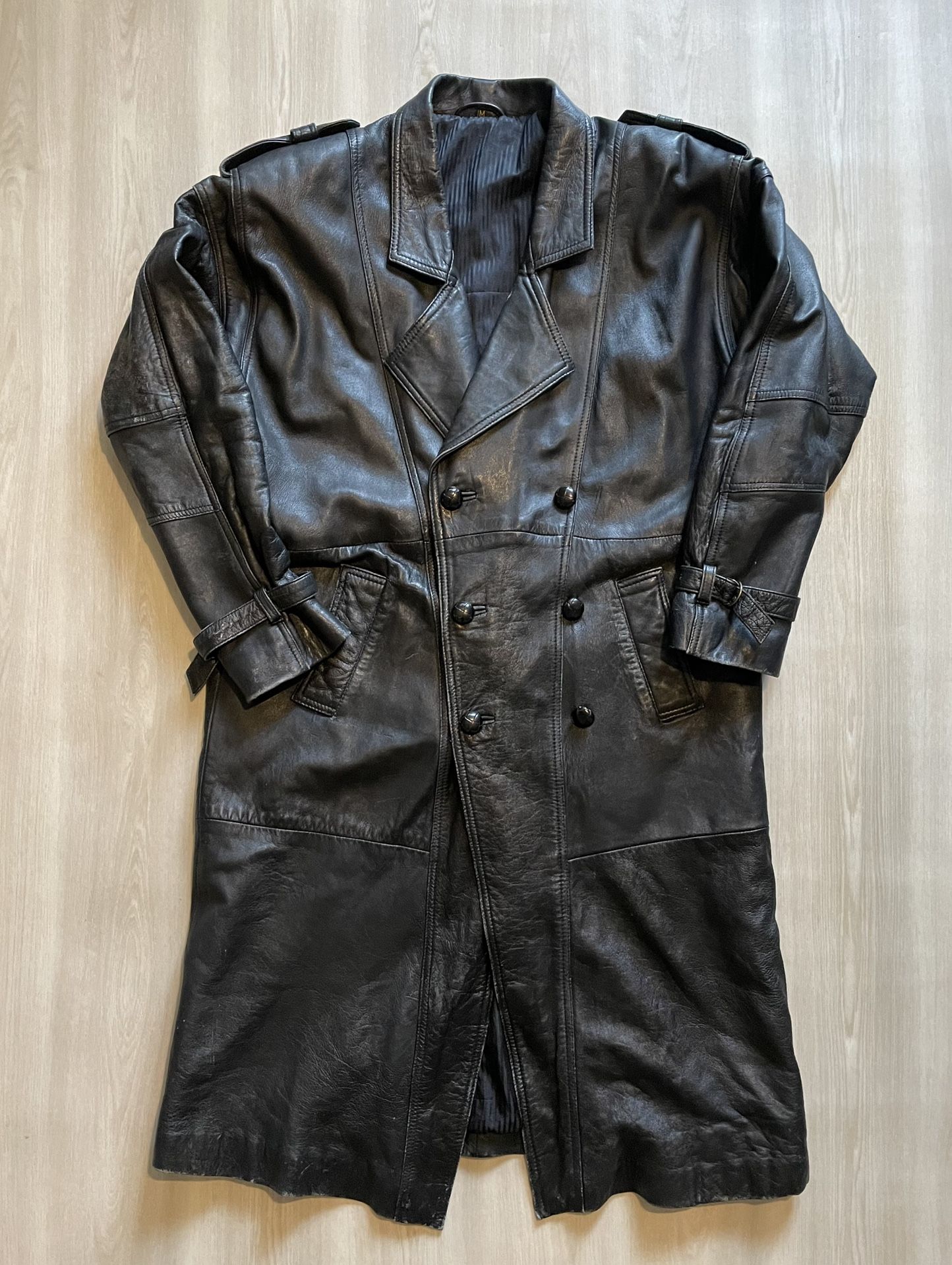 Vintage 80s 90s Long Bomber Leather Trench Coat Belted Goth Retro Sz M