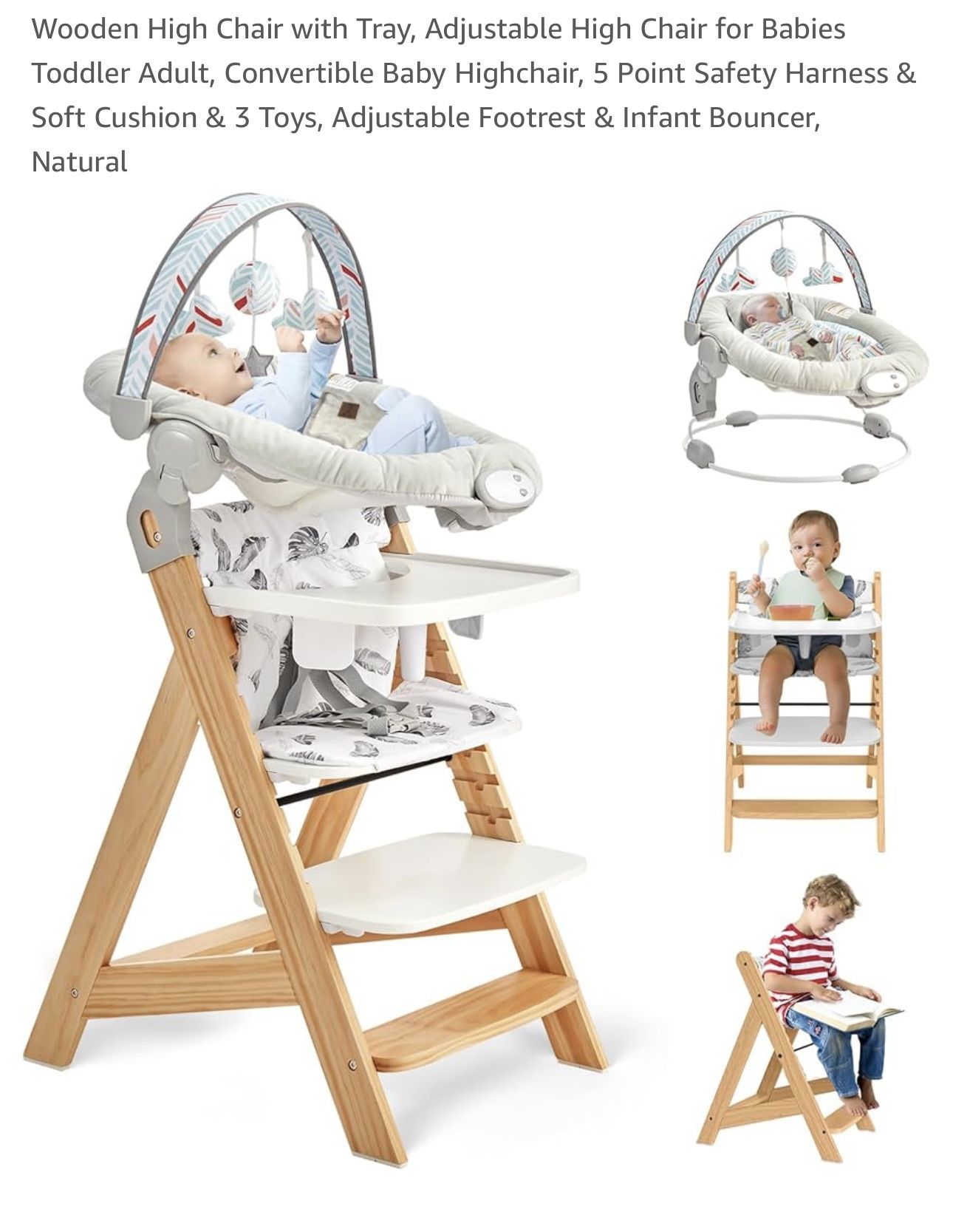 Wooden High Chair with Tray, Adjustable High Chair for Babies