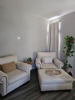 Pottery barn chairs and ottoman
