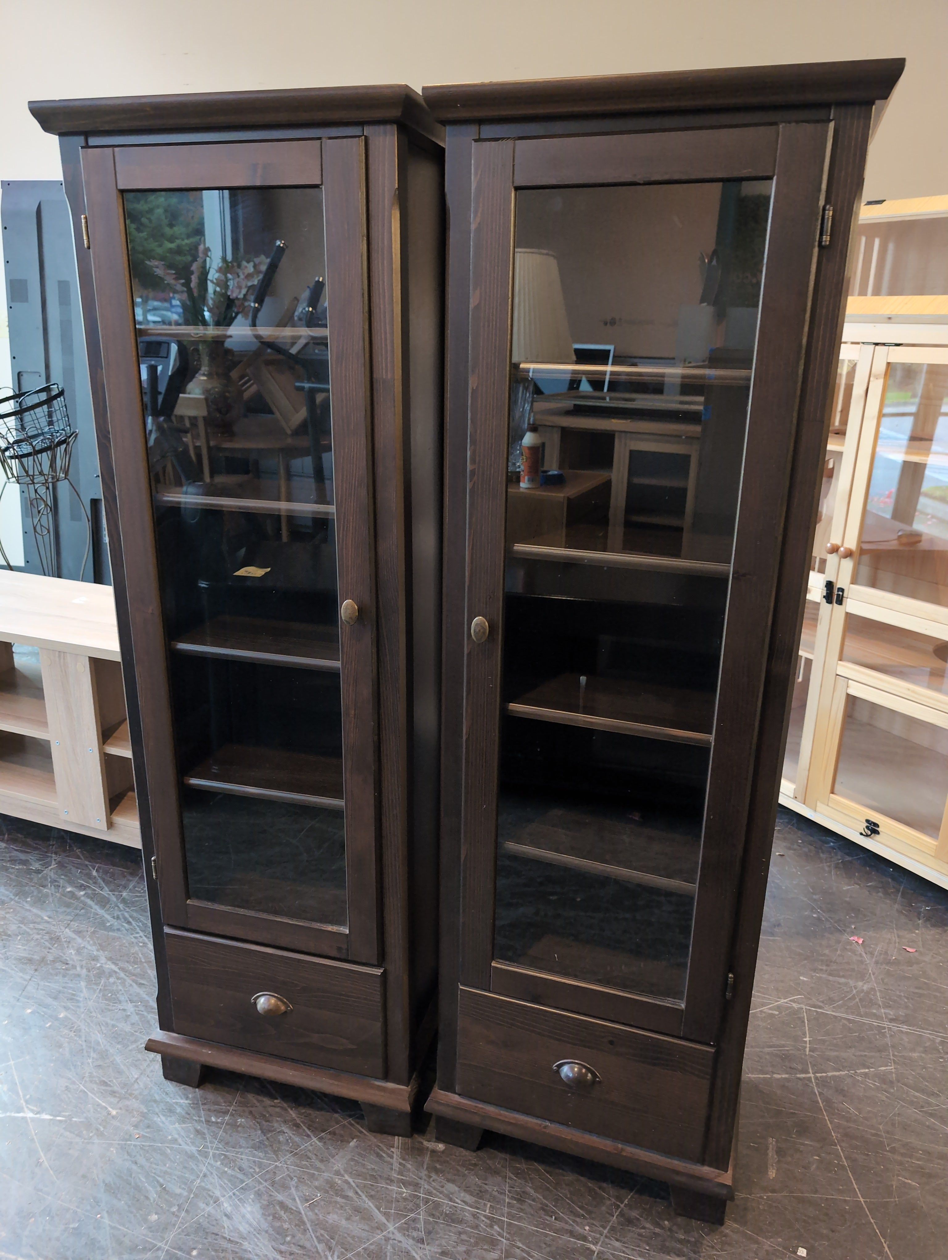 Pair Dark Brown Wooden Display Cabinet with Glass Doors
